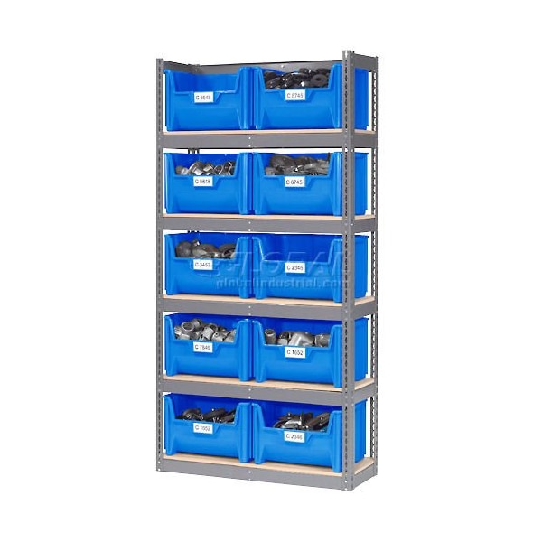 Global Industrial Steel Boltless Wood Deck Shelving, 10 Plastic Hopper Bins Blue, 42x15x84 238203BL - main